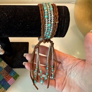 Turquoise and Leather, Wrap Bracelet with glass bead tassels
